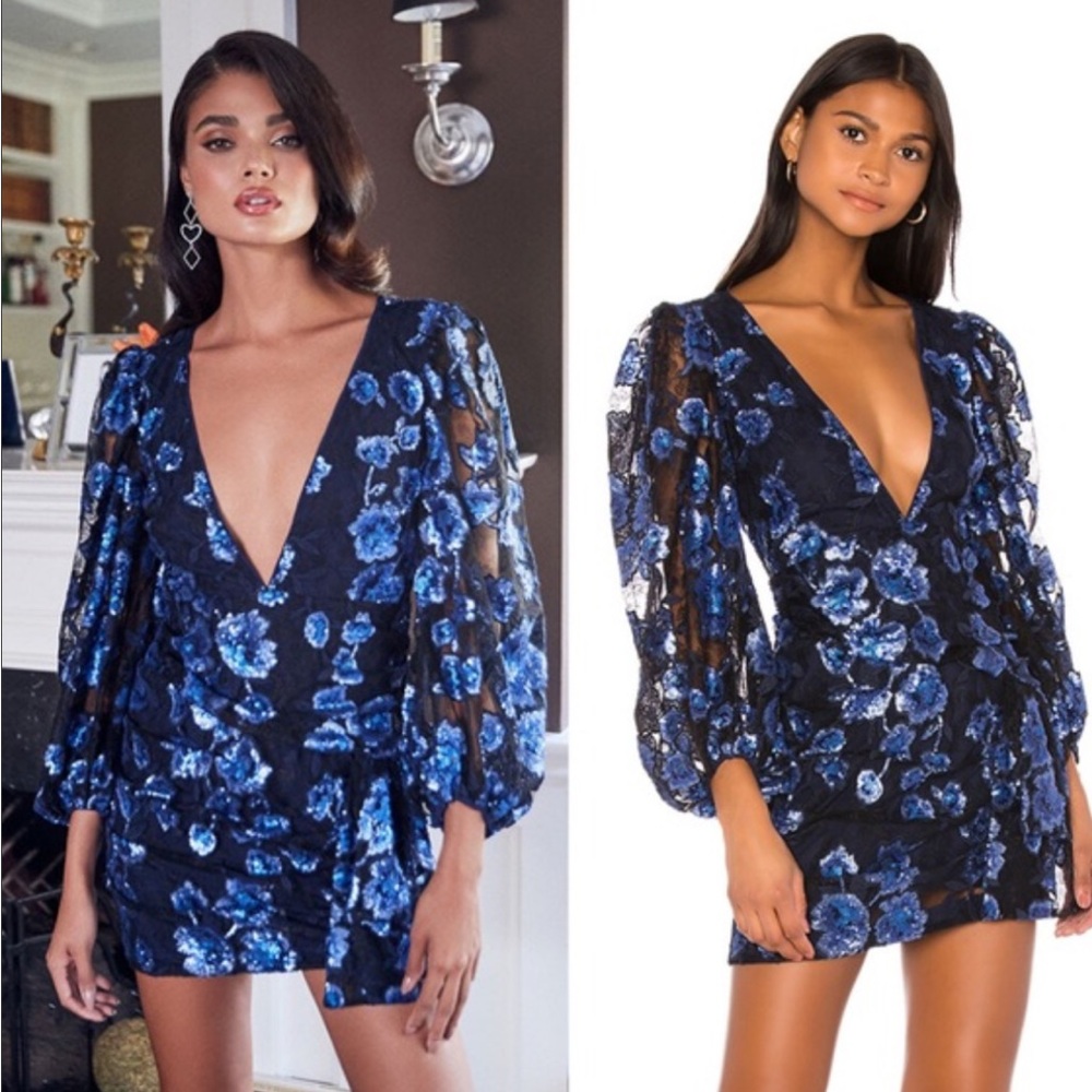 For Love And Lemons Blue Floral V-Neck Mini Dress